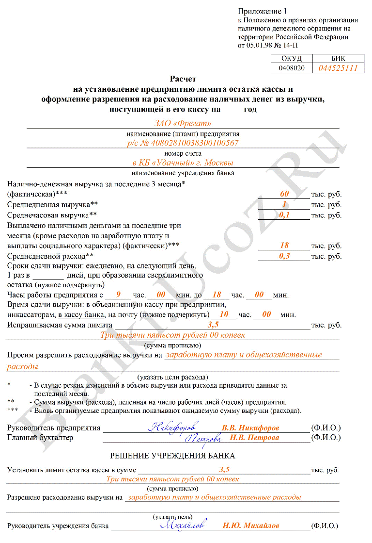 инструкция по заполнению расчета лимита кассы