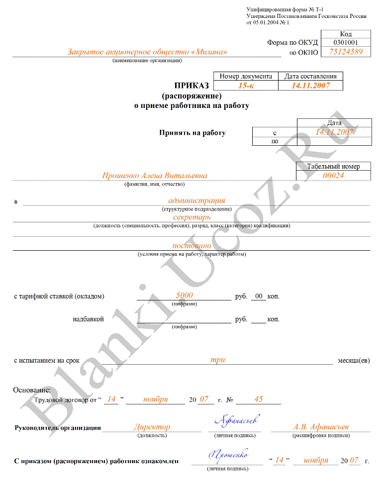 приказ т 5а образец заполнения